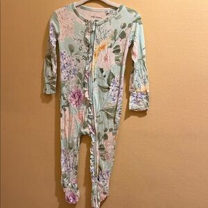 Posh Peanut Mint Floral Zip Footed One-Piece with Pink and Purple Flowers